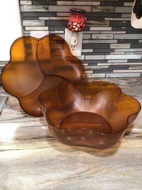 Vintage Tupperware Amber Chip Dip Serving Bowl Set Flower Divided Snack Tray.